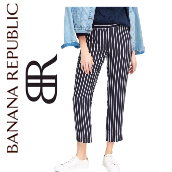 Banana Republic Avery Mid Rise Navy Striped Satin Ankle Length Pants Size 0 NWT‎ - Picture 1 of 14